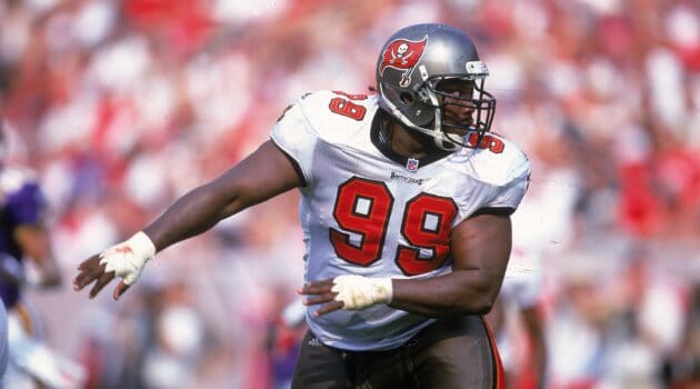Warren Sapp #99 of the Tampa Bay Buccaneers moves on the field