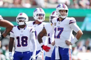 EAST RUTHERFORD, NEW JERSEY - SEPTEMBER 14: Josh Allen #17 of the Buffalo Bills waits for the play call during the first quarter against the New York Jets at MetLife Stadium on September 14, 2025 in East Rutherford, New Jersey.