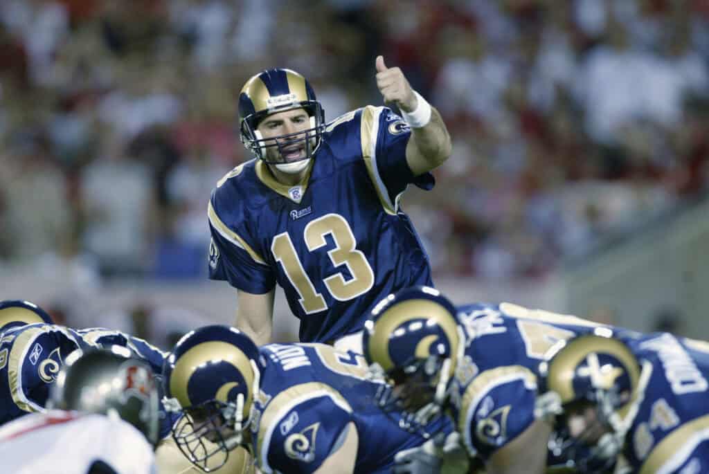 Quarterback Kurt Warner #13 of the St. Louis Rams calls an audible during the NFL game