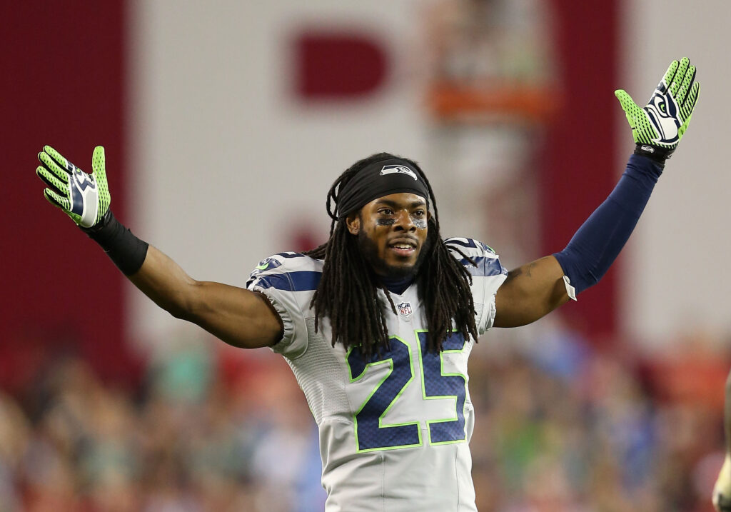 Cornerback Richard Sherman #25 of the Seattle Seahawks reacts